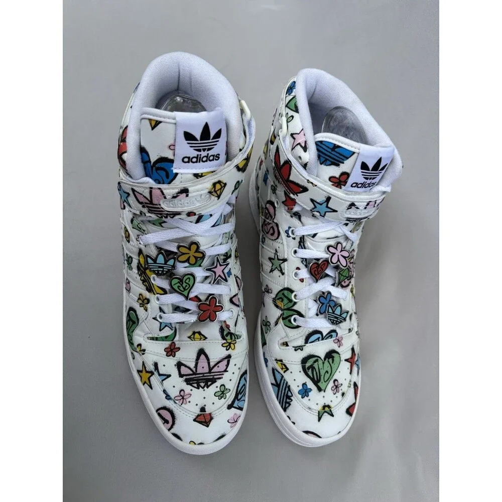 adidas Jeremy Scott x Forum High Top Sneakers White/Multicolor Graphic Print S12